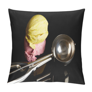 Personality  Delicious Lemon, Strawberry Ice Cream Balls With Scoop On Black Pillow Covers