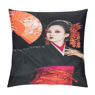 Personality  Beautiful Geisha In Black Kimono With Red Flowers In Hair Holding Traditional Hand Fan Isolated On Black Pillow Covers
