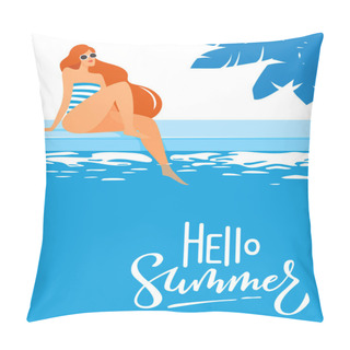 Personality  Conceptual Summer Poster With Female Character In Swimsuit Pillow Covers