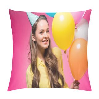 Personality  Portrait Of Woman With Party Hat And Balloons Isolated On Pink Pillow Covers