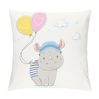 Personality  Lovely Cute Rhino Stands With The Yellow And Pink Balloons With Hearts. Young Dressed Rhino In The Children's Summer Hat And The Striped Clothes. Pillow Covers