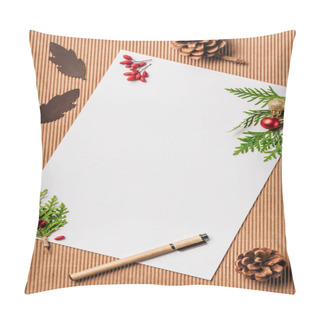 Personality  Top View Of Empty Paper And Evergreen Branches With Christmas Baubles On Surface Pillow Covers