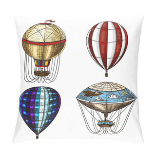 Personality  Hot Air Balloons. Vector Retro Flying Airships With Decorative Elements. Template Transport For Romantic Logo. Hand Drawn Engraved Vintage Sketch. Pillow Covers