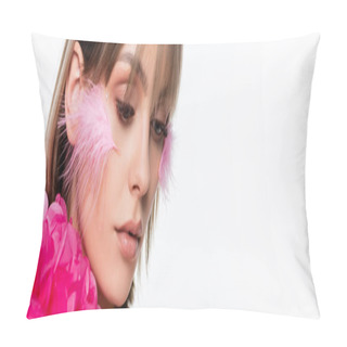 Personality  Young Woman With Makeup And Pink Feathers On Cheeks Near Bright Flower Isolated On White, Banner Pillow Covers