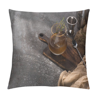 Personality  Transparent Glass With Herb, Ice Cube And Whiskey On Concrete Surface With Bar Equipment Pillow Covers