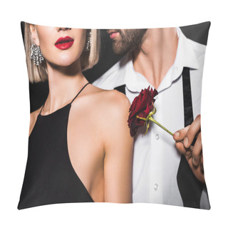 Personality  Cropped View Of Man Touching Womans Shoulder With Rose Flower, Isolated On Black Pillow Covers