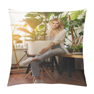 Personality  A Lovely Smiling Florist Holding A Large Pot With A Plant In A Room Filled With Plants And Warm Sunlight Coming From The Window Pillow Covers