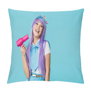 Personality  Smiling Asian Anime Girl In Wig Using Hairdryer Isolated On Blue Pillow Covers