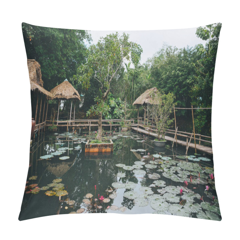 Personality  wooden footbridge and beautiful lotus flowers in pond in Hue, Vietnam   pillow covers