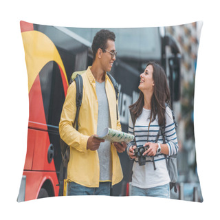 Personality  Woman With Digital Camera Smiling To Mixed Race Friend With Map And Backpack Pillow Covers