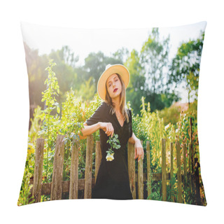 Personality  Woman In Hat In A Summertime Countryside Garden Pillow Covers
