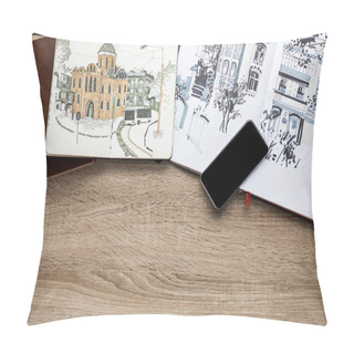 Personality  Top View Of Drawings In Albums And Smartphone On Wooden Background Pillow Covers