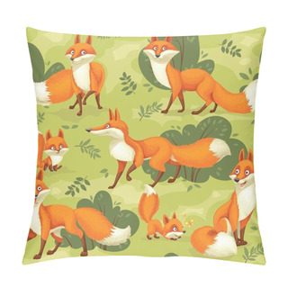 Personality  Seamless Pattern From Cute Cartoon Orange Foxes On Green Background Pillow Covers