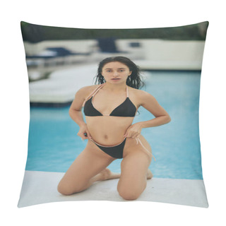 Personality  Stunning Figure, Brunette Woman In Black Bikini, Sexy Model With Wet Hair Sitting While Posing Next To Swimming Pool In Luxury Resort, Miami, Florida, USA, Blurred Background,  Pillow Covers