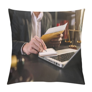 Personality  Justice And Law Concept.Male Judge In A Courtroom  The Gavel, Working With Smart Phone And Laptop And Digital Tablet Computer On Wood Table Pillow Covers