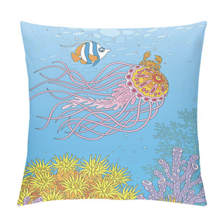Personality  Fancy Jellyfish With Long Stinging Tentacles, A Funny Small Crab And A Striped Butterfly Fish Traveling Around A Colorful Coral Reef In A Tropical Sea, Vector Cartoon Illustration Pillow Covers