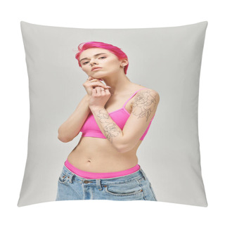 Personality  Young Alluring Female Model In Stylish Crop Top And Blue Jeans Posing With Hands Near Face, Fashion Pillow Covers