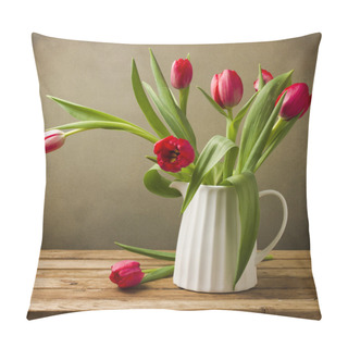 Personality  Still Life With Tulips Bouquet On Wooden Table Pillow Covers