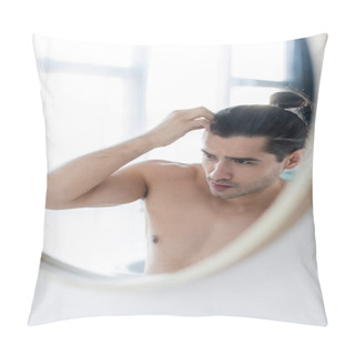 Personality  Shirtless Man Adjusting Hair Bun And Looking At Mirror  Pillow Covers