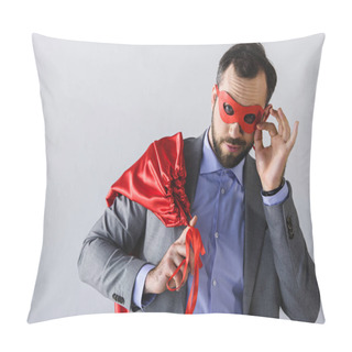 Personality  Super Businessman Posing In Mask And Cape Isolated On White Pillow Covers