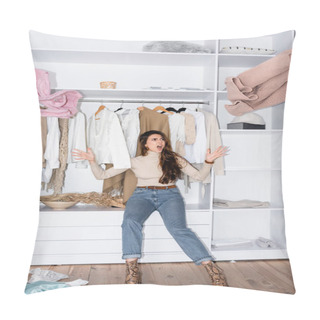 Personality  Angry Woman Throwing Clothes While Sitting On Shelf In Wardrobe  Pillow Covers