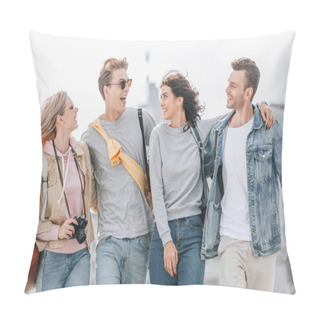 Personality  Young Happy Tourists Hugging And Walking In City Together Pillow Covers