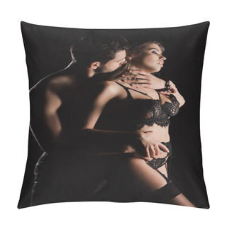 Personality  Shirtless Man Kissing Seductive Woman With Closed Eyes In Lace Underwear Isolated On Black  Pillow Covers