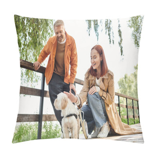 Personality  An Adult Couple Lovingly Pets A Small Dog While Walking In A Park. Pillow Covers