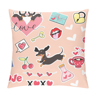 Personality  Dachshund Dog And Pop Art Elements Seamless Pattern Background For Valentines Day. Vector Illustration Pillow Covers