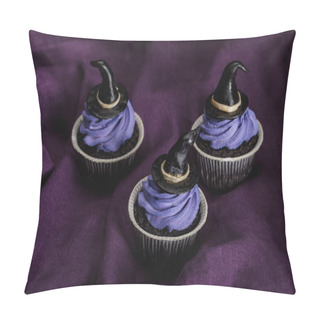 Personality  Tasty Halloween Cupcakes With Blue Cream And Decorative Witch Hats On Purple Cloth Pillow Covers