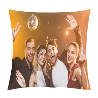 Personality  Group Of Happy Friends Looking At Camera And Gesturing During Party Pillow Covers