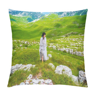 Personality  Beautiful Woman Walking In Blanket On Valley In Durmitor Massif, Montenegro Pillow Covers