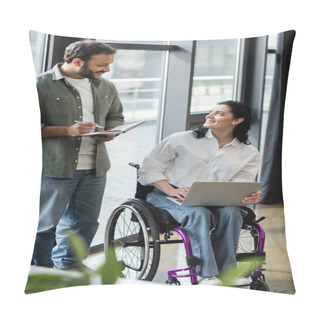 Personality  Happy Indian Man Chatting With Disabled Businesswoman On Wheelchair Using Laptop Near Window Pillow Covers