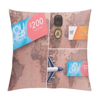 Personality  Collage Of Gift Vouchers, Compass And Toy Plane On Map Surface  Pillow Covers