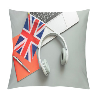 Personality  Concept Of Online Learning English, Foreign Languages, Distance Education, Knowledge, Modern Technologies For Study. Laptop, English Flag, Headphones, Notebook. Grey Background. Copy Space. Nobody. Pillow Covers