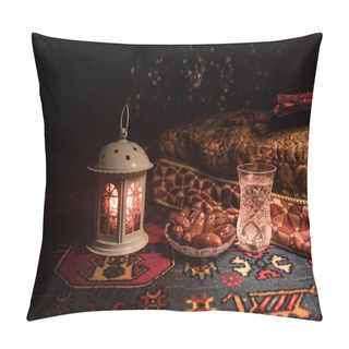 Personality  Water And Dates. Iftar Is The Evening Meal. View Of Decoration Ramadan Kareem Holiday On Carpet. Festive Greeting Card, Invitation For Muslim Holy Month Ramadan Kareem. Selective Focus Pillow Covers