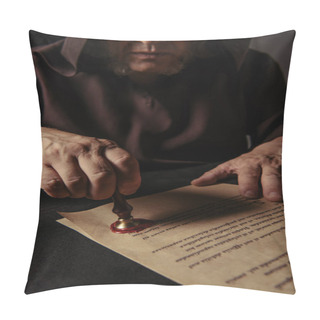 Personality  Cropped View Of Priest Putting Wax Seal On Ancient Chronicle Isolated On Black Pillow Covers