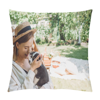 Personality  Happy Blonde Girl In Straw Hat Holding Puppy While Sitting In Deck Chair In Green Garden Pillow Covers
