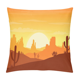 Personality  Desert Landscape At Sunset With Cactus And Hills Silhouettes Background - Vector Illustration Pillow Covers