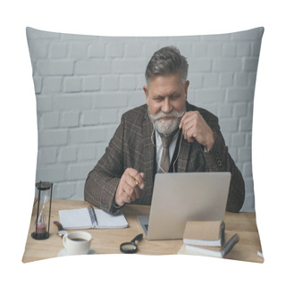 Personality  Happy Senior Writer Working With Laptop Pillow Covers