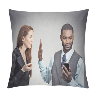 Personality  Woman Being Ignored Stopped By Young Handsome Man Looking At Smartphone Pillow Covers