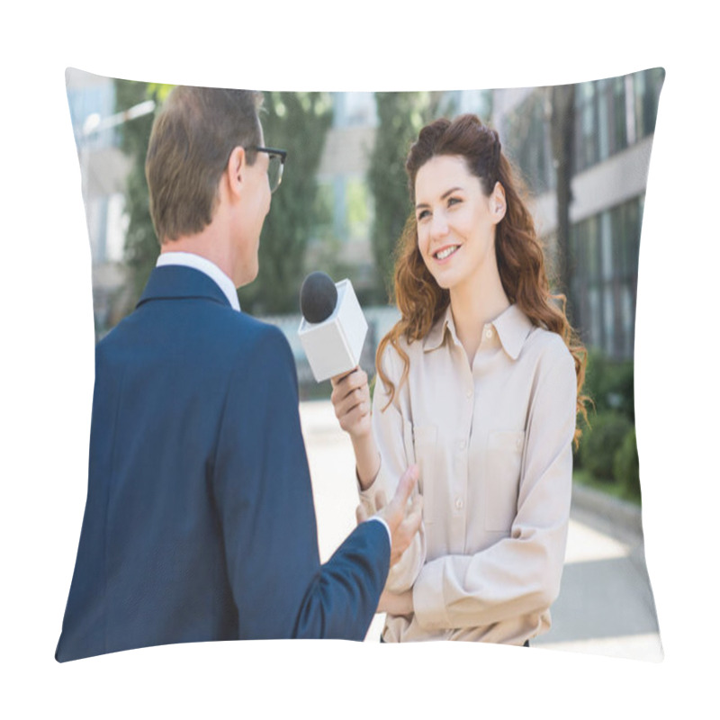 Personality  Smiling Female Journalist Taking Interview With Businessman Pillow Covers