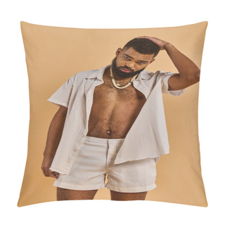 Personality  A Bearded Man Stands Shirtless With Confidence, Exposing His Bare Chest And Rugged Facial Hair As He Exudes Masculinity And Strength. Pillow Covers