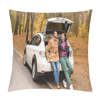 Personality  Smiling Couple Sitting In Car Trunk Pillow Covers