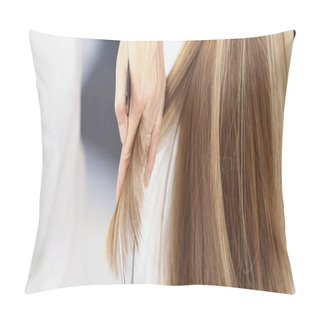 Personality  Master Hairdresser Cuts Ends Of A Client Hair In Beauty Salon Pillow Covers