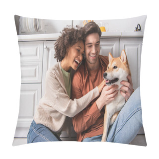 Personality  Pleased Interracial Couple Hugging Shiba Inu Dog While Sitting On Kitchen Floor Pillow Covers
