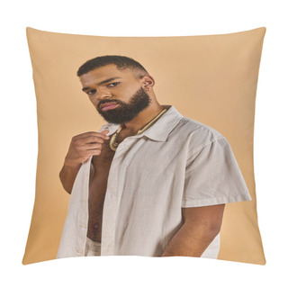 Personality  A Man With A Rugged Beard Standing Bare-chested, Basking In The Sunlight, Showcasing His Masculinity And Confidence. Pillow Covers