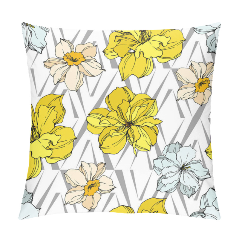 Personality  Vector Narcissus floral botanical flowers. Black and white engraved ink art. Seamless background pattern. pillow covers
