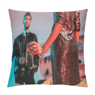 Personality  Close-up View Of Glass With Cocktail In Hand Of Woman At Party  Pillow Covers