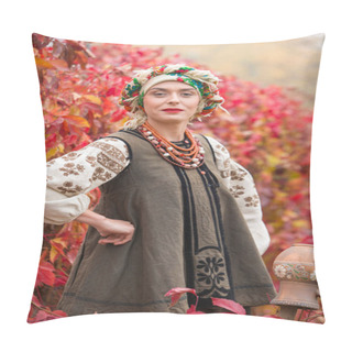 Personality  Beautiful Girl In National Dress. With An Ancient Clay Pot. Antique Clothing Of The Late 19th Century. Beautiful Dress And Skirt On A Woman. Beautiful Autumn And Leaves. Clothing Of The Late 19th Pillow Covers